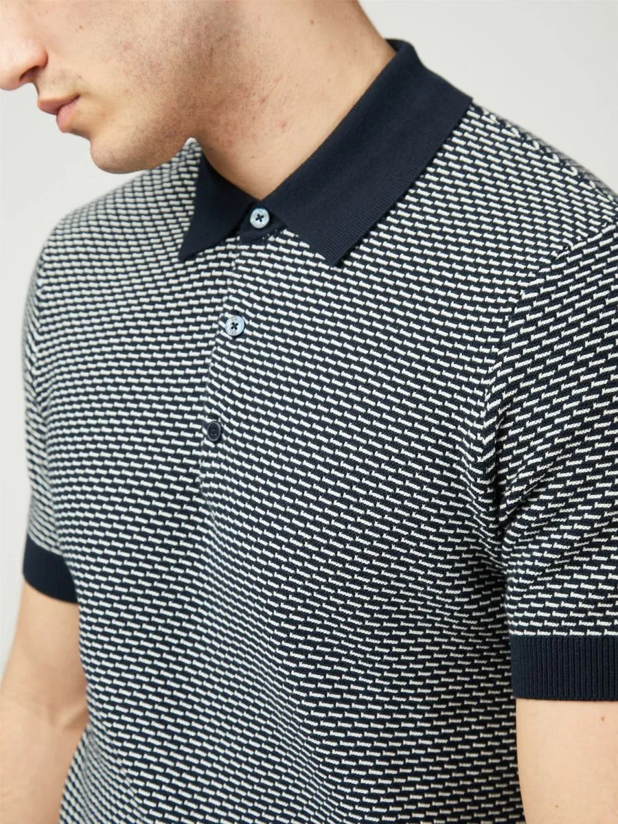 Ben Sherman Bicoloured Textured Knitted Polo Shirt Dark Navy