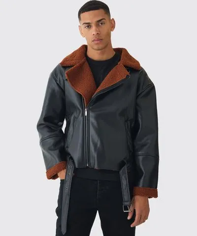 boohooMAN Mens Boxy PU Borg Trim Aviator Jacket In Black