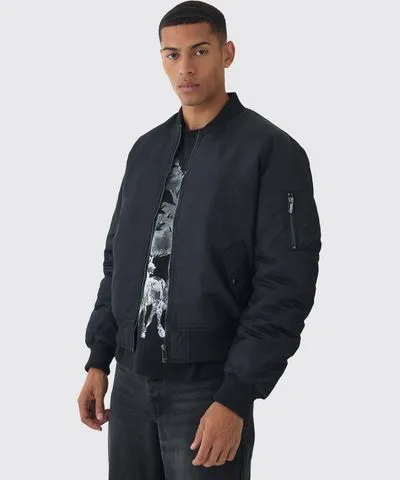 boohooMAN Mens Oversized Boxy Padded Nylon Bomber Jacket In Black