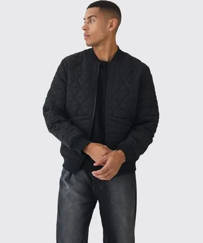 boohooMAN Mens Quilted Bomber Jacket In Black