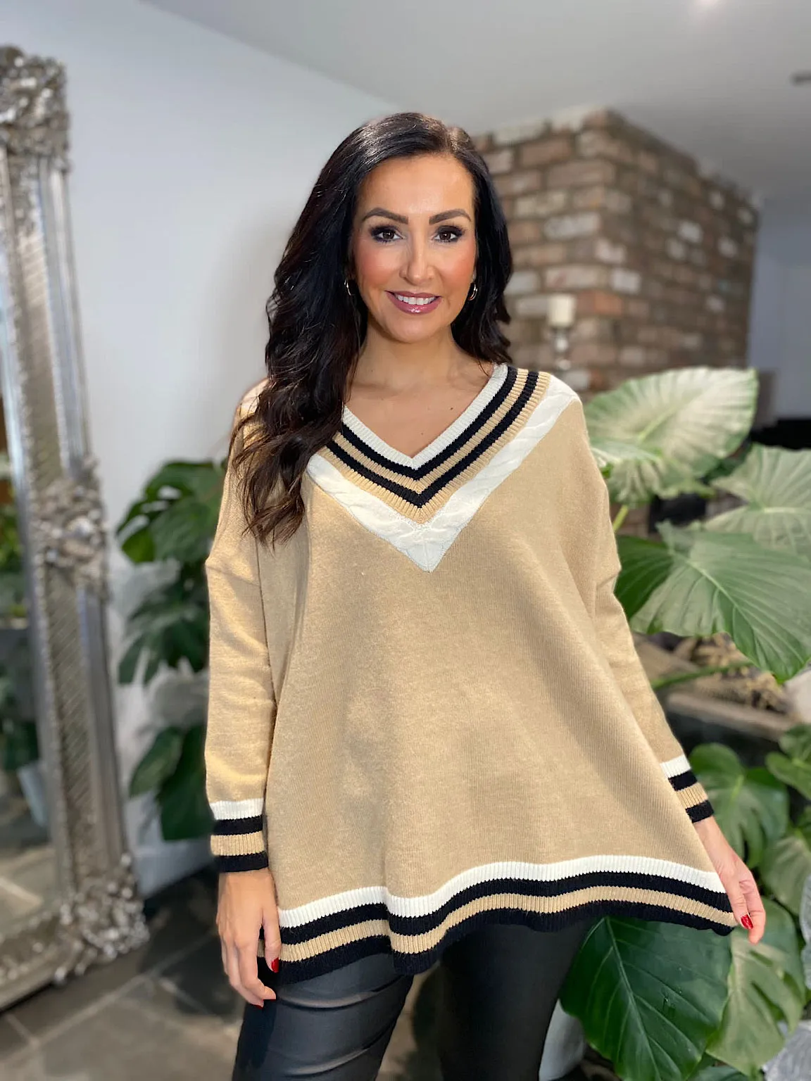 Camel Striped V Neck Knit Debbie