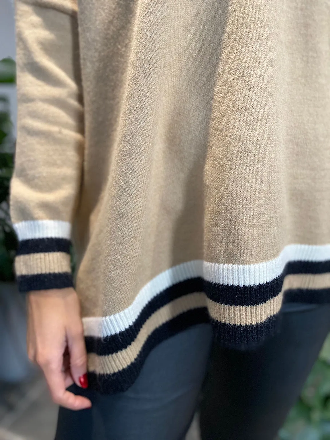 Camel Striped V Neck Knit Debbie