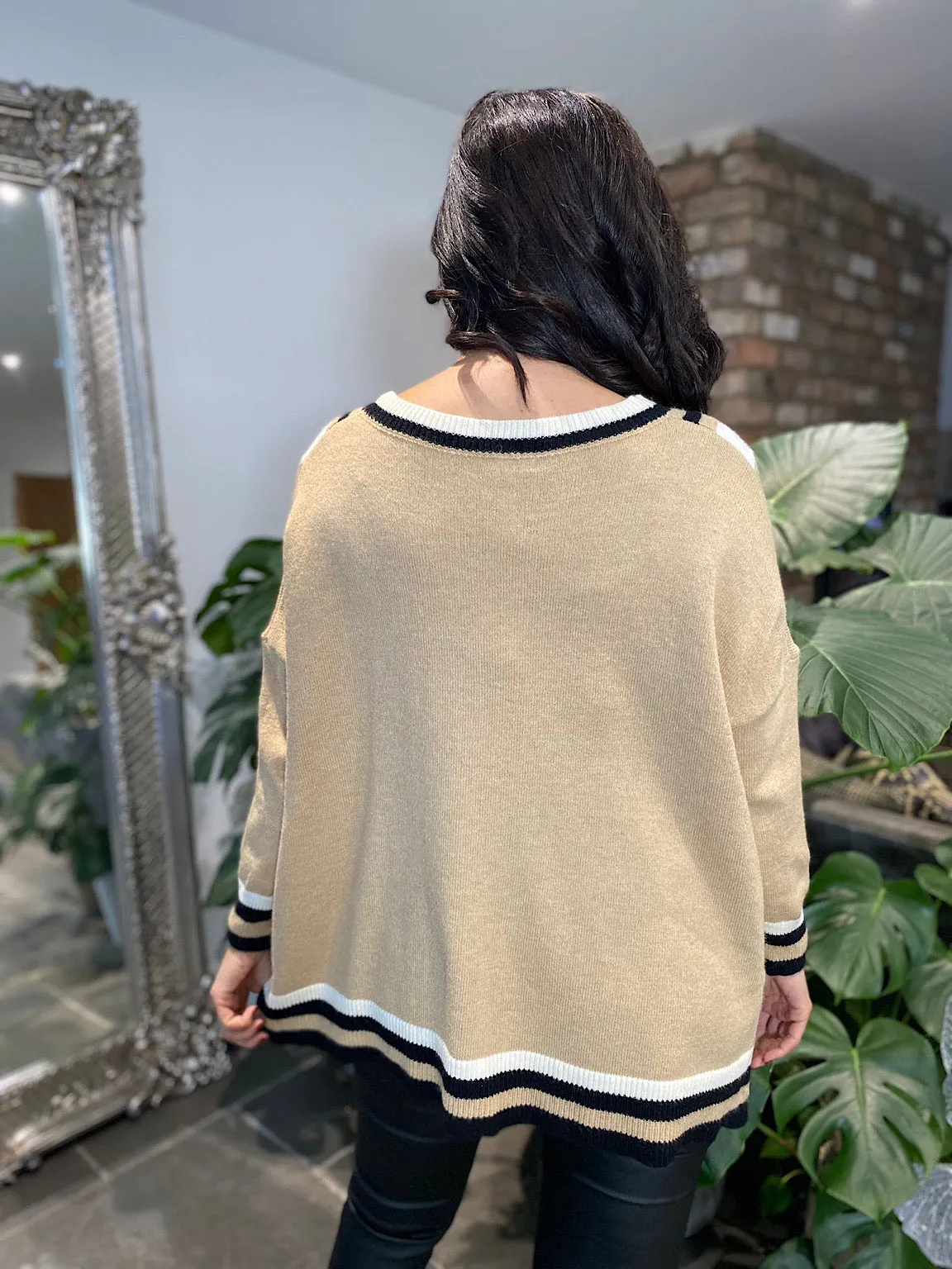 Camel Striped V Neck Knit Debbie