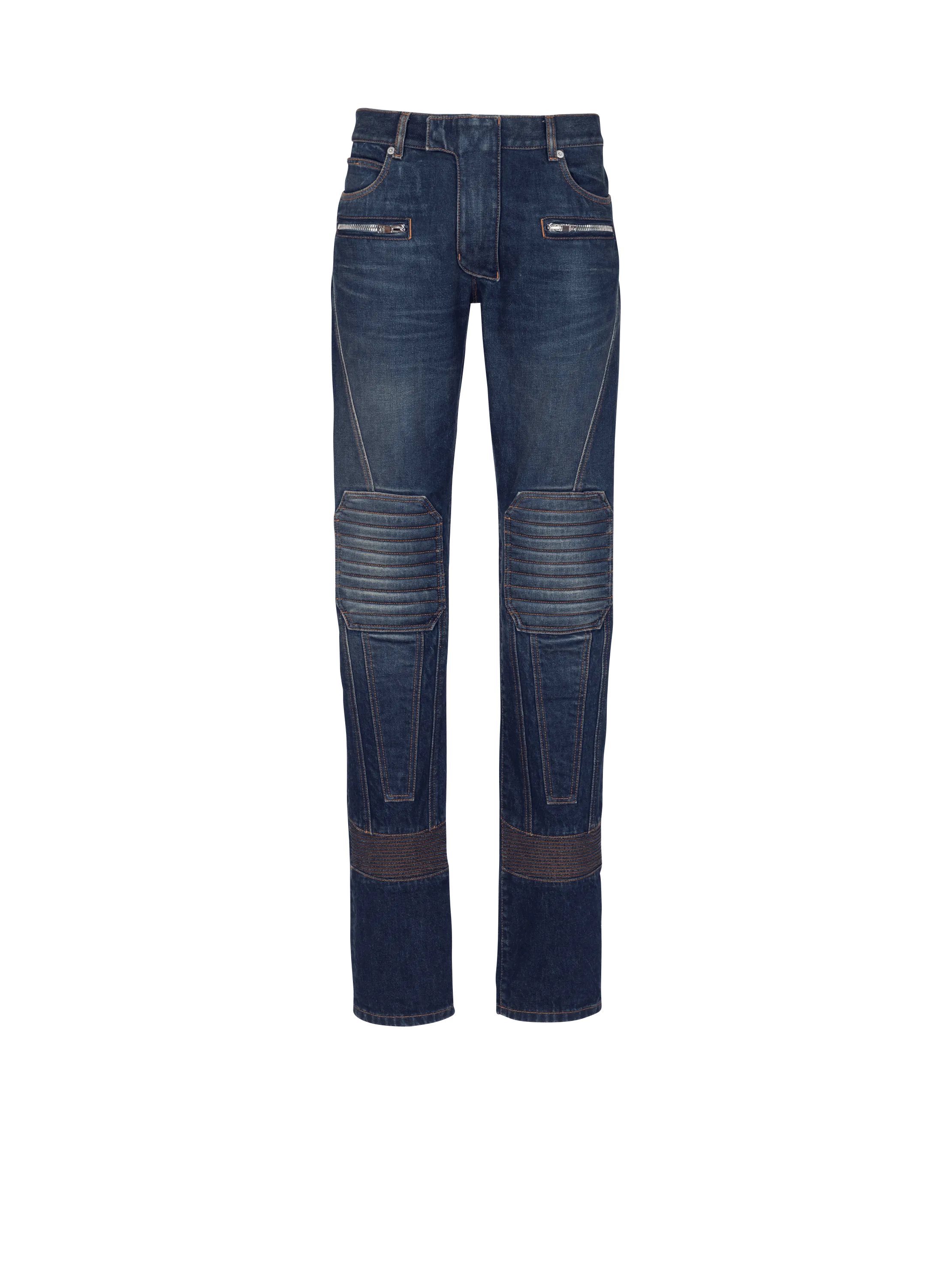 Denim straight-leg biker jeans