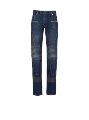 Denim straight-leg biker jeans