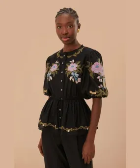 FarmRio Winter Garden Embroidered Short Sleeve Blouse