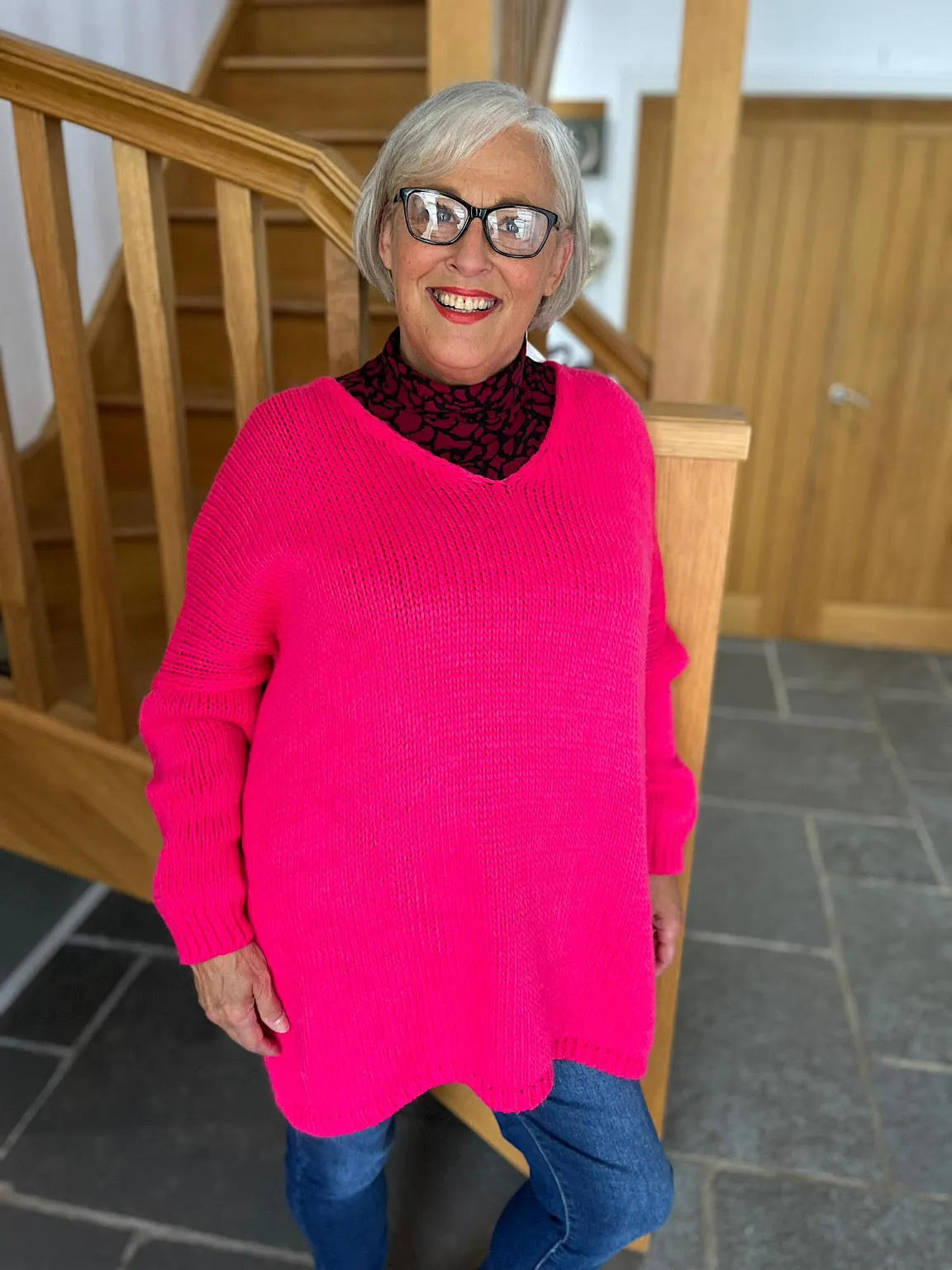 Lipstick Pink V Neck Knitted Jumper Jessica