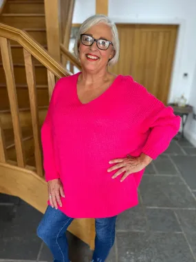 Lipstick Pink V Neck Knitted Jumper Jessica