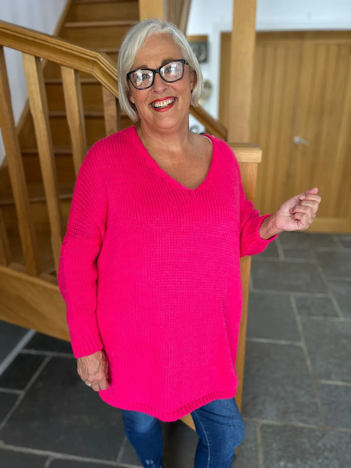 Lipstick Pink V Neck Knitted Jumper Jessica