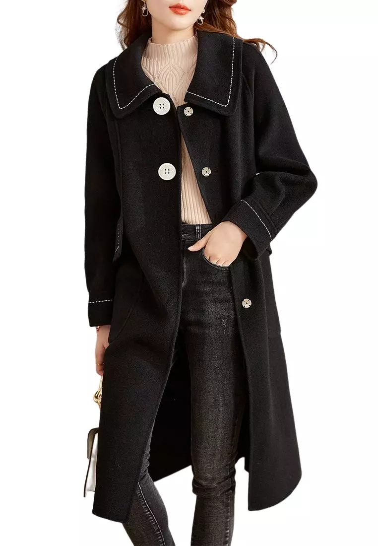 ONX.HK Elegant Black Wool-Blend Wool Coat