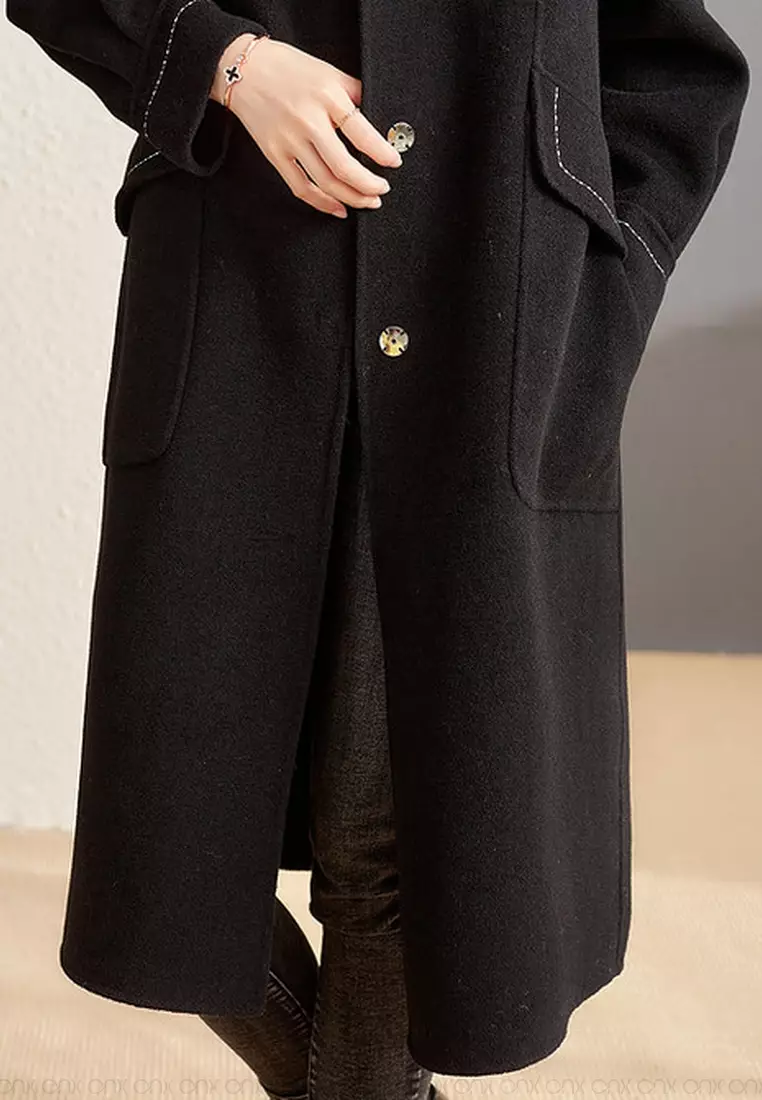 ONX.HK Elegant Black Wool-Blend Wool Coat