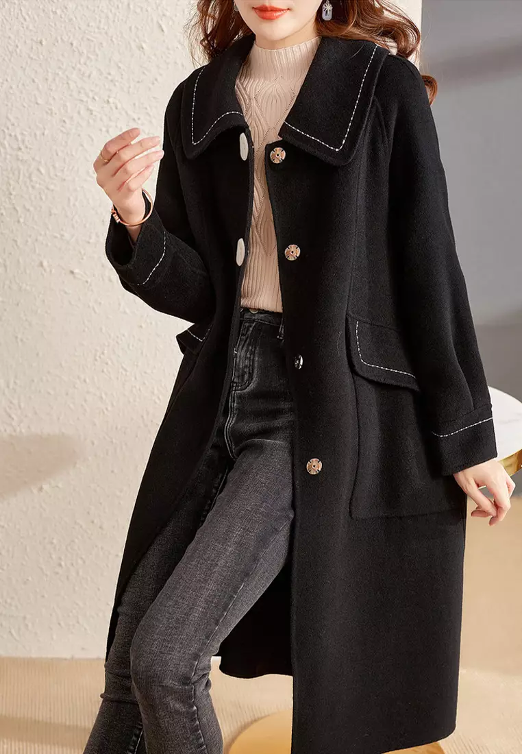 ONX.HK Elegant Black Wool-Blend Wool Coat