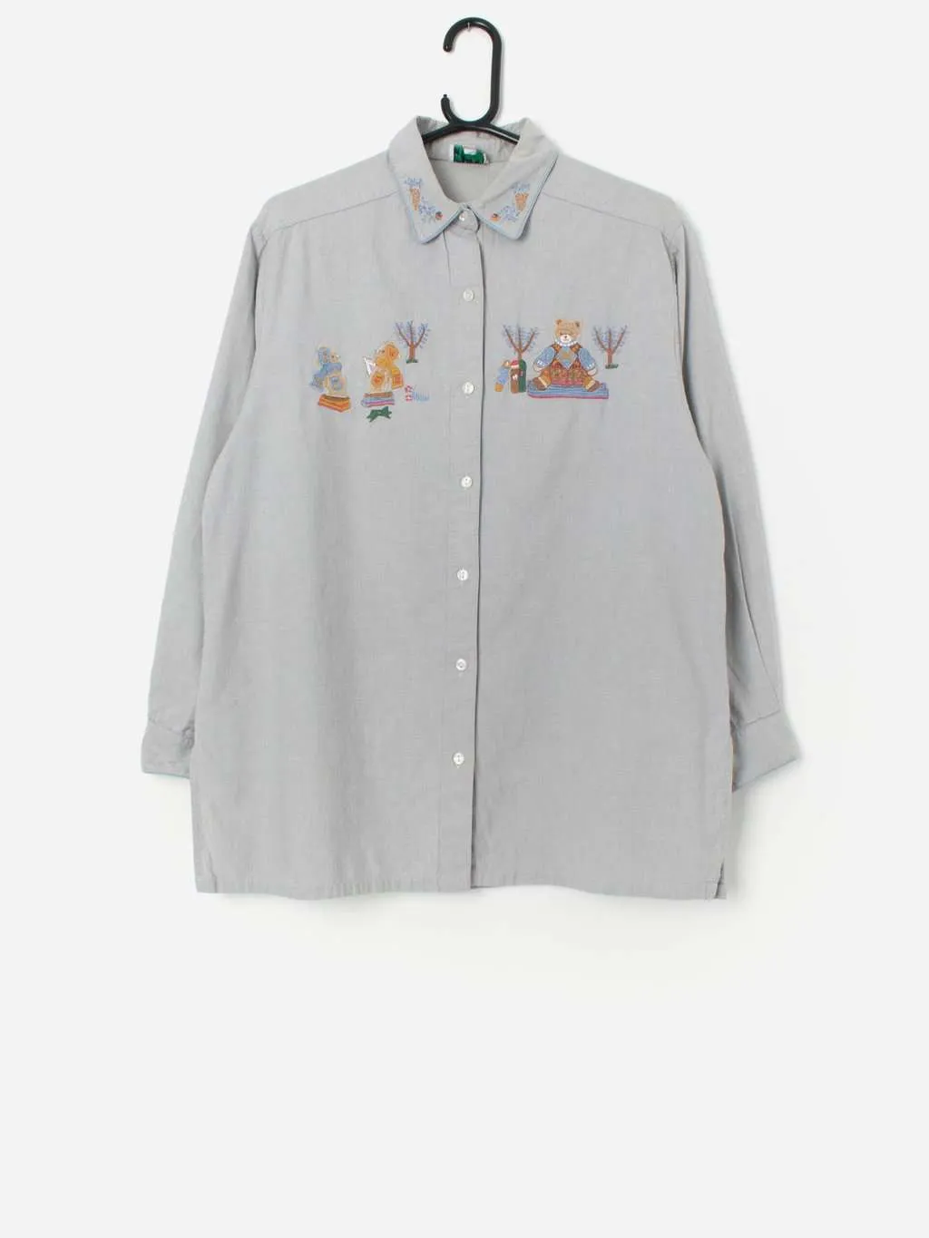 Vintage teddy bear embroidered cotton blouse in grey – Large