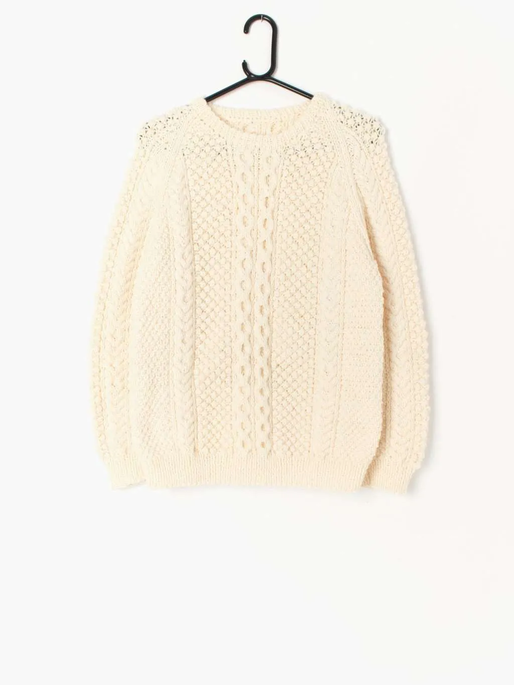 Womens hand knitted vintage cable knit pullover jumper in white / cream –  Medium