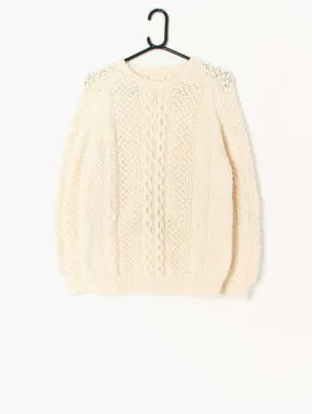 Womens hand knitted vintage cable knit pullover jumper in white / cream –  Medium